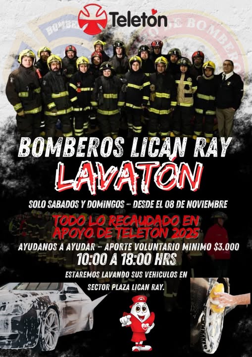 BOMBEROS DE LICANRAY ESTARÁN EN LA PLAZA REALIZANDO LAVATON EN BENEFICIO DE LA TELETÓN