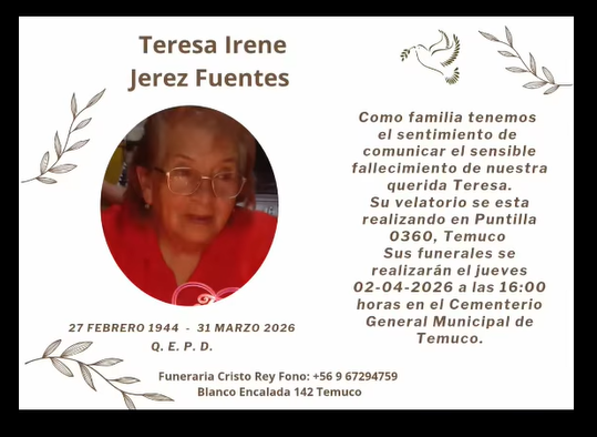Comunicamos el sensible fallecimiento de la Sra. TERESA IRENE JEREZ FUENTES (Q.E.P.D.)