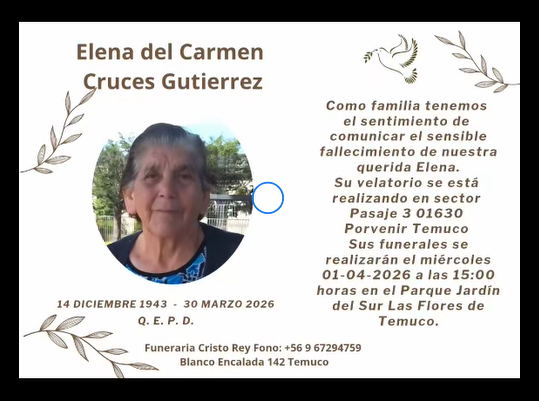 Comunicamos el sensible fallecimiento de la Sra. ELENA DEL CARMEN CRUCES GUTIÉRREZ (Q.E.P.D.)