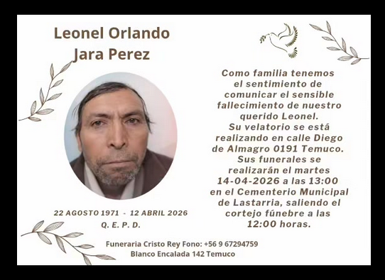 Comunicamos el sensible fallecimiento de Don LEONEL ORLANDO JARA PÉREZ (Q.E.P.D.)