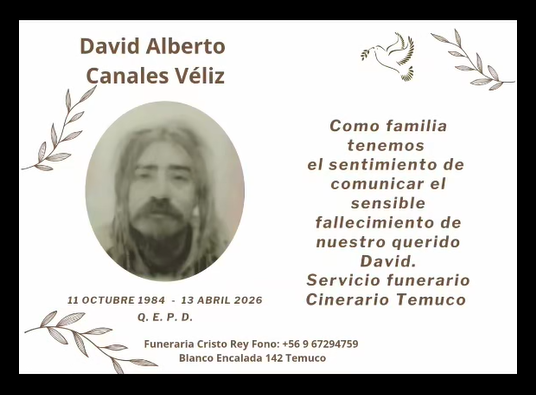 Comunicamos el sensible fallecimiento de Don DAVID ALBERTO CANALES VÉLIZ (Q.E.P.D.)