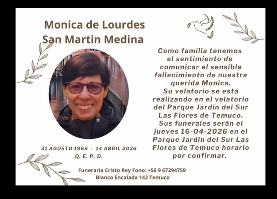 Comunicamos el sensible fallecimiento de la Sra. MÓNICA DE LOURDES SAN MARTÍN MEDINA (Q.E.P.D.)