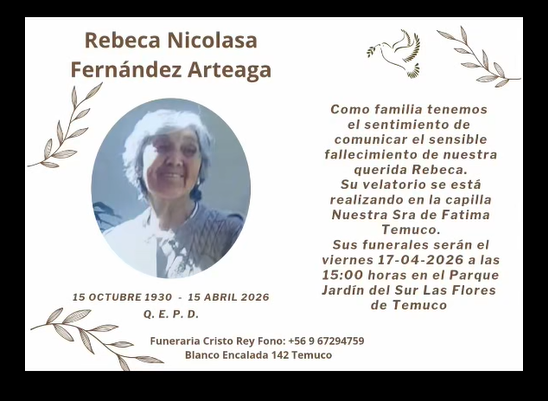 Comunicamos el sensible fallecimiento de la Sra. Rebeca Nicolasa Fernández Arteaga (Q.E.P.D.)
