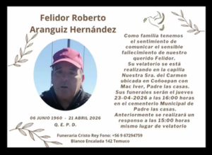 Comunicamos el sensible fallecimiento del Sr. Felidor Roberto Aranguiz Hernández  (Q.E.P.D.)