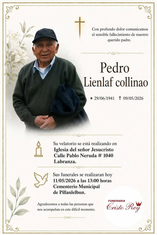 Comunicamos el sensible fallecimiento de la Sr. PEDRO LEINLAF COLLINAO (Q.E.P.D.)