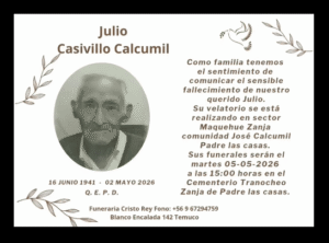 Comunicamos el sensible fallecimiento de Don JULIO CASIVILLO CALCUMIL (Q.E.P.D.)