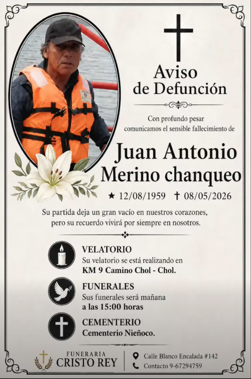 Comunicamos el sensible fallecimiento de la Sr. JUAN ANTONIO MERINO CHANQUEO (Q.E.P.D.)