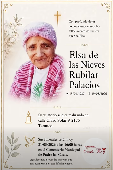 Comunicamos el sensible fallecimiento de la Sra. ELSA DE LAS NIEVES RUBILAR PALACIOS (Q.E.P.D.)