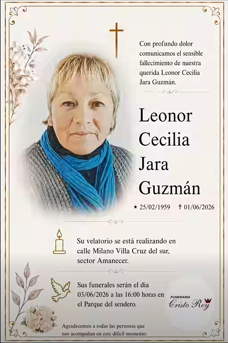 Comunicamos el sensible fallecimiento de la Sra. Leonor Cecilia Jara Guzmán (Q.E.P.D.)
