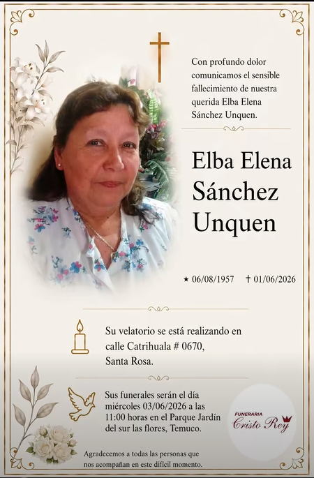 Comunicamos el sensible fallecimiento de la Sra. Elba Elena Sánchez Unquen (Q.E.P.D.)