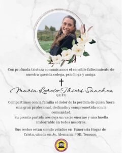 Comunicamos el sensible fallecimiento de la Srta. MARÍA LORETO THIERS SÁNCHEZ (Q.E.P.D.)