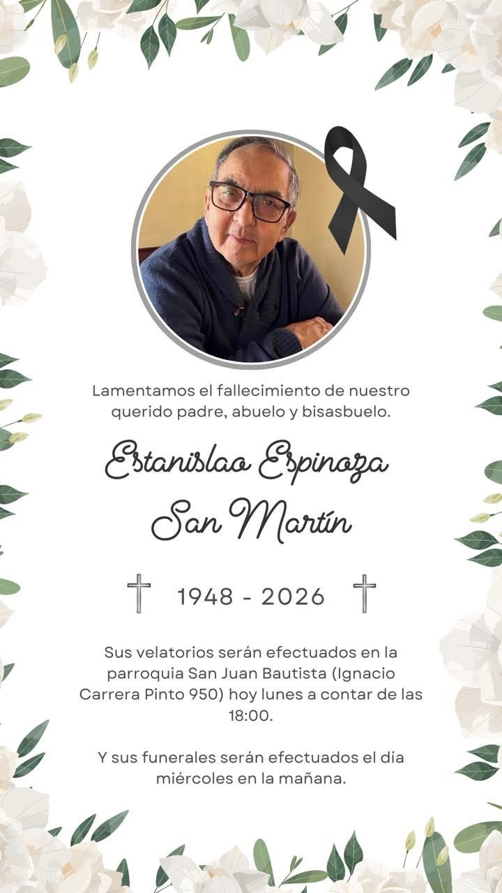 Comunicamos el sensible fallecimiento de Don ESTANISLAO ESPINOZA SAN MARTÍN (Q.E.P.D.)