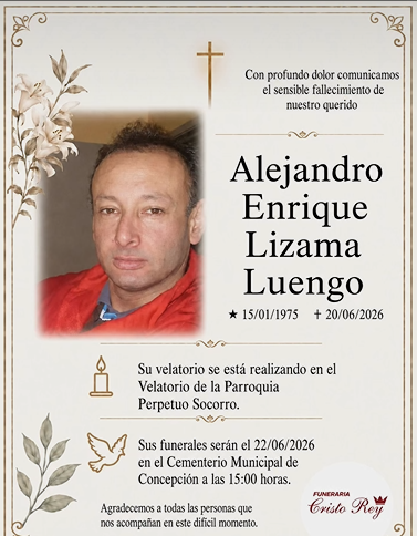 Comunicamos el sensible fallecimiento de Don ALEJANDRO ENRIQUE LIZAMA LUEGO (Q.E.P.D.)