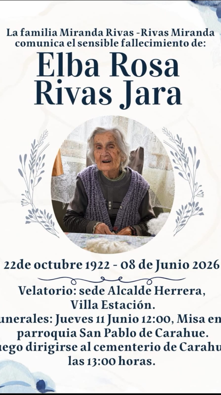 Comunicamos el sensible fallecimiento de la Sra. ELBA ROSA RIVAS JARA (Q.E.P.D.)