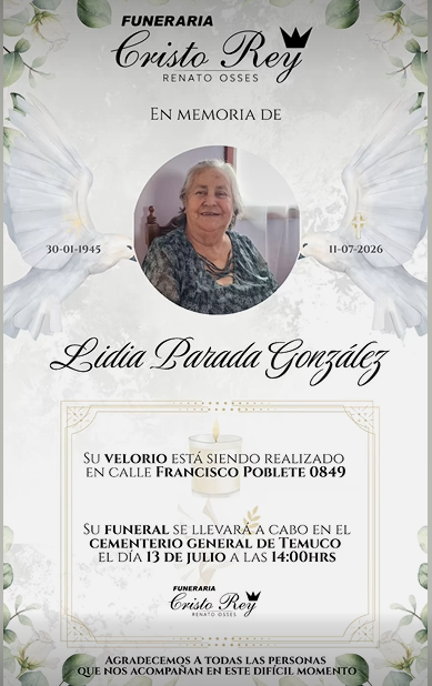 Comunicamos el sensible fallecimiento de la Sra. LIDIA PARADA GONZÁLEZ (Q.E.P.D.)