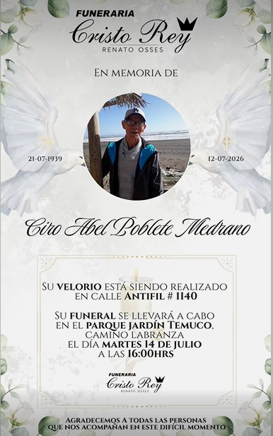 Comunicamos el sensible fallecimiento de Don CIRO ABEL POBLETE MEDRANO  (Q.E.P.D.)