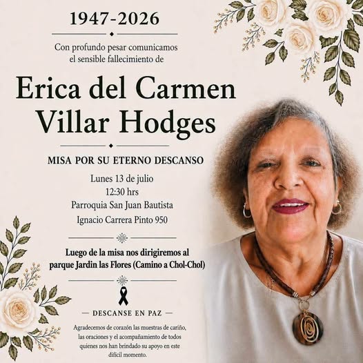 Comunicamos el sensible fallecimiento de la Sra. ERICA DEL CARMEN VILLAR HODGES (Q.E.P.D.)
