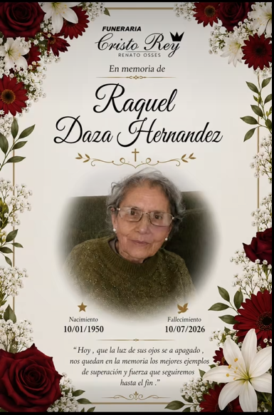 Comunicamos el sensible fallecimiento de la Sra. RAQUEL DAZA HERNÁNDEZ (Q.E.P.D.)