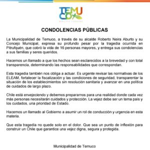 Condolencia públicas de la Municipalidad de la ciudad de Temuco a la comunidad de la comuna de Pitrufquén.